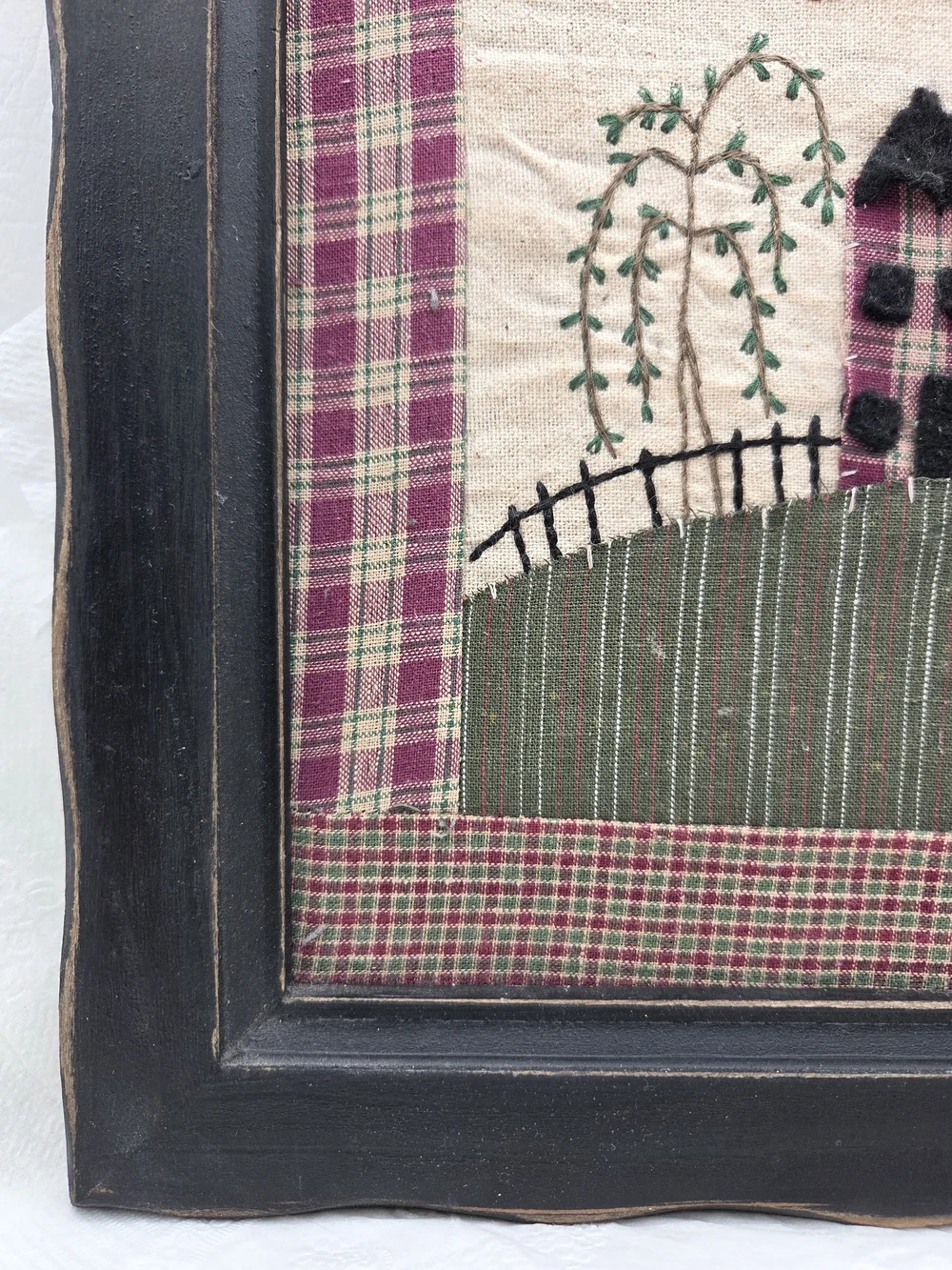 Primitive Style Framed Quilt Block Stitched Saltbox House Willow Tree Checkered.